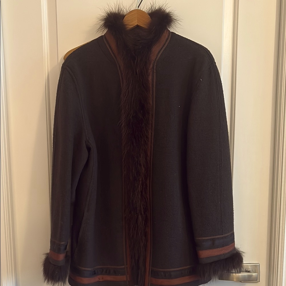 Hilary Radley Black and Brown Fur Trimmed Boiled Wool Jacket